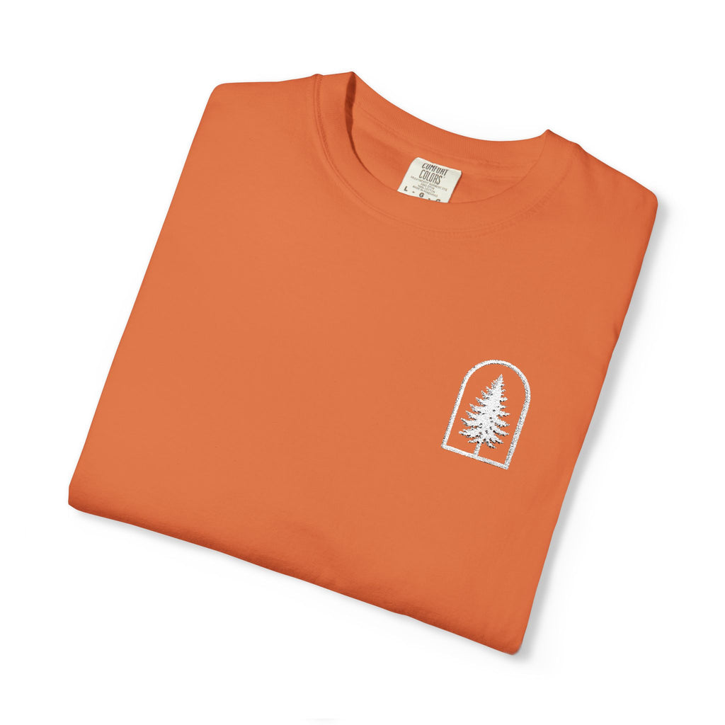 Camping Vibes T-Shirt — 'Adventure Awaits' Woodland Chest Logo