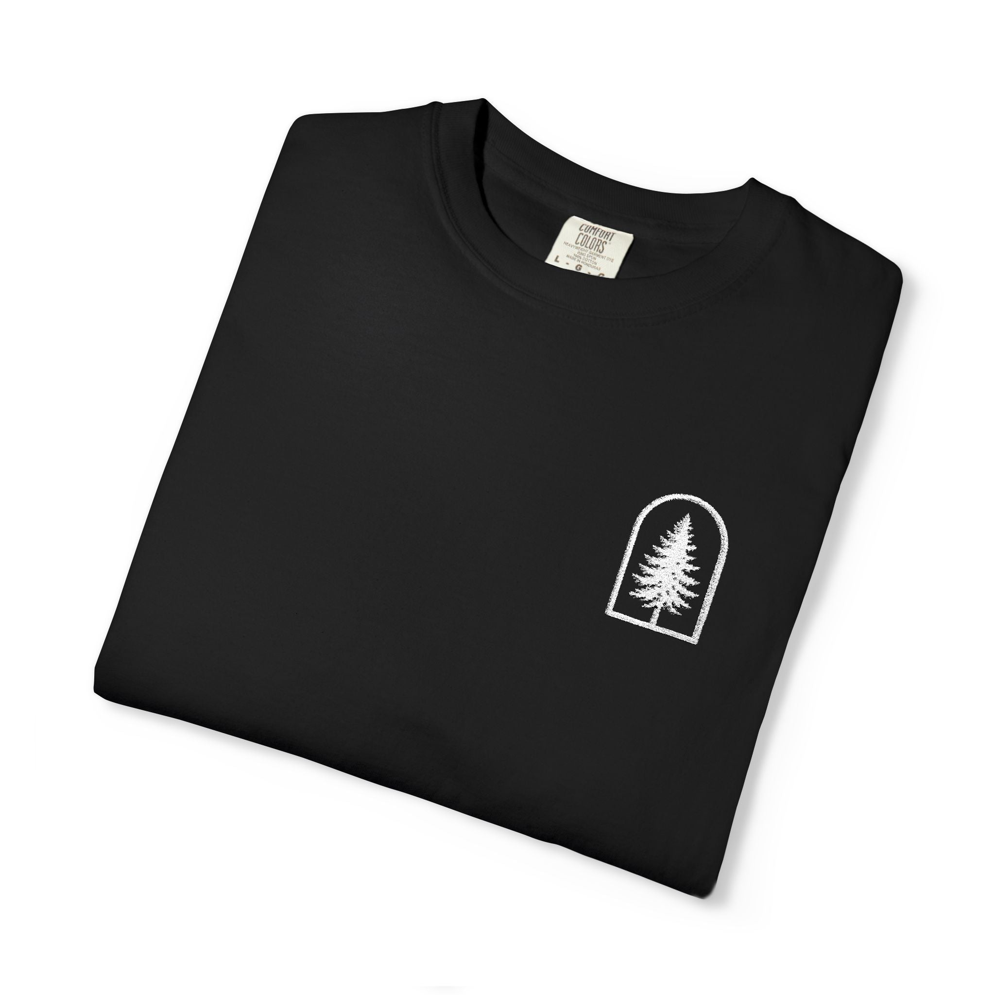 Camping Vibes T-Shirt — 'Adventure Awaits' Woodland Chest Logo