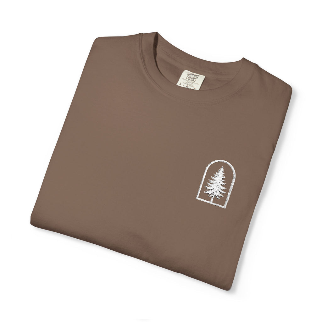 Camping Vibes T-Shirt — 'Adventure Awaits' Woodland Chest Logo