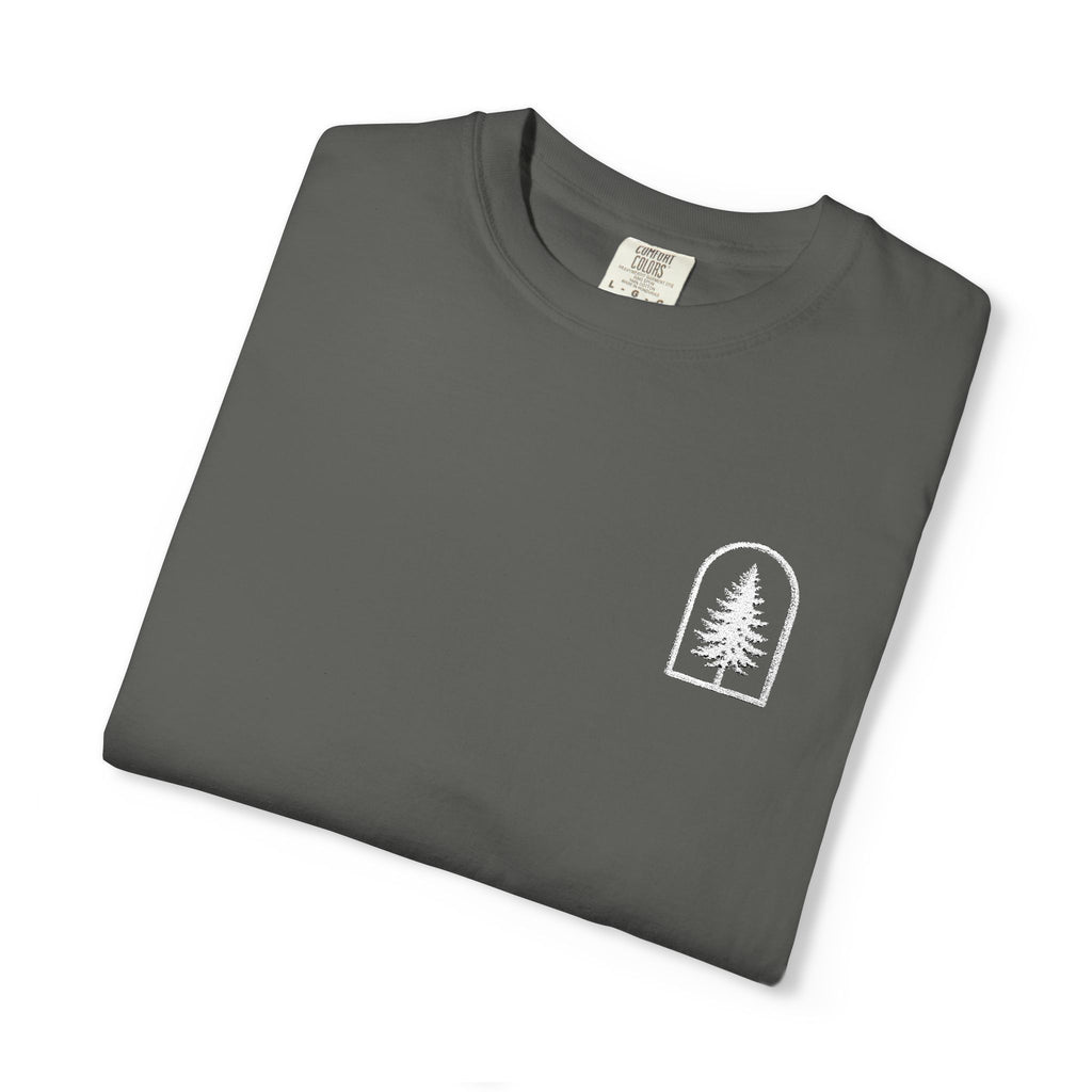 Camping Vibes T-Shirt — 'Adventure Awaits' Woodland Chest Logo