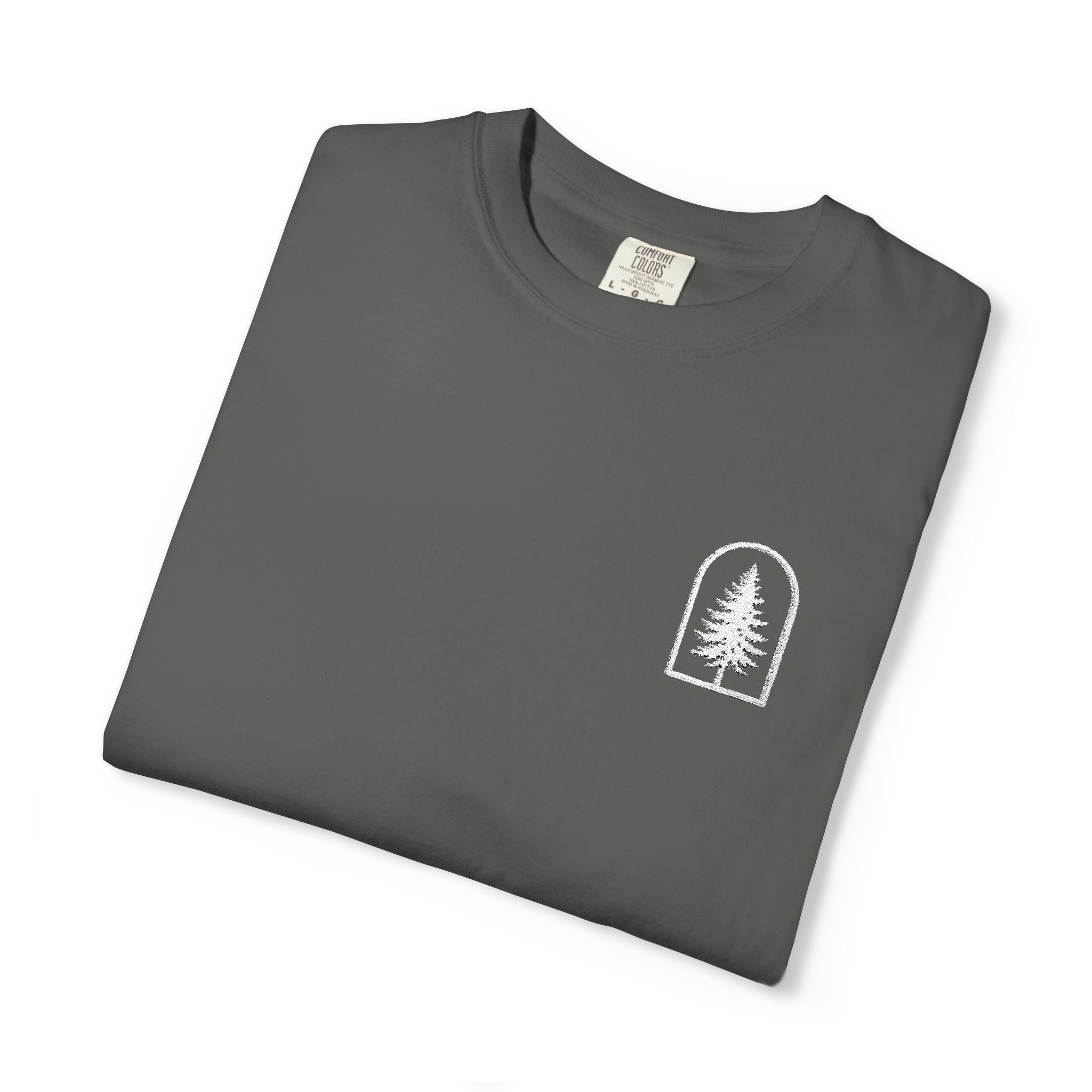 Camping Vibes T-Shirt — 'Adventure Awaits' Woodland Chest Logo