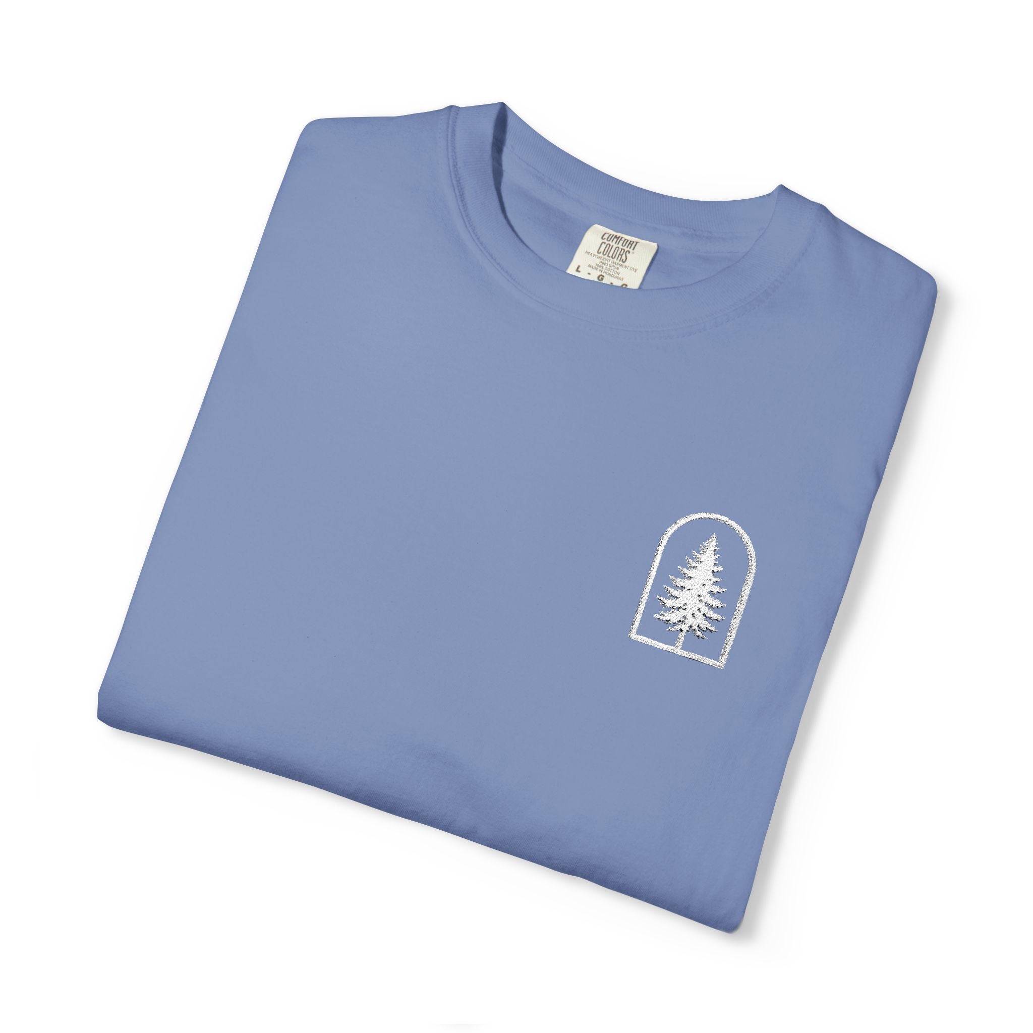Camping Vibes T-Shirt — 'Adventure Awaits' Woodland Chest Logo