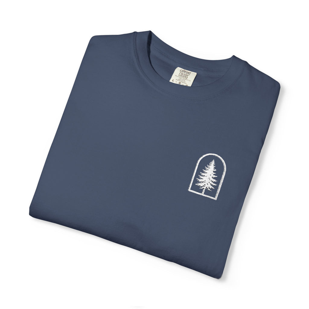 Camping Vibes T-Shirt — 'Adventure Awaits' Woodland Chest Logo