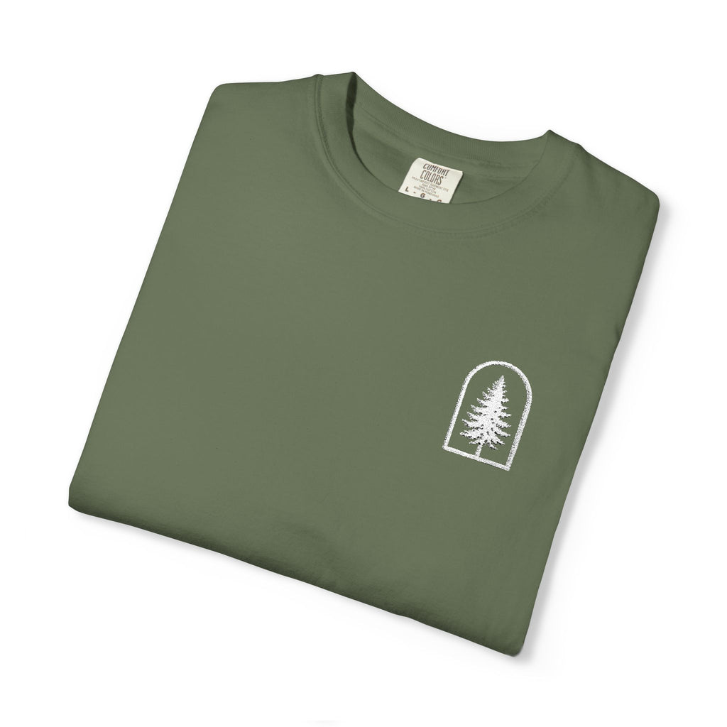 Camping Vibes T-Shirt — 'Adventure Awaits' Woodland Chest Logo