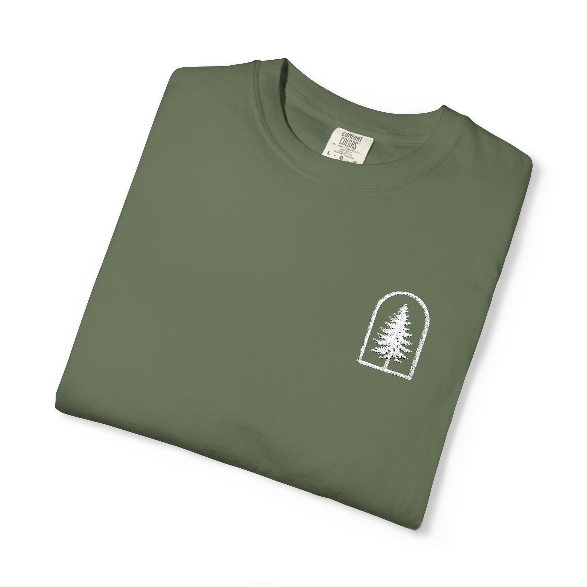 Camping Vibes T-Shirt — 'Adventure Awaits' Woodland Chest Logo